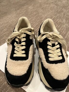 Women’s Cream and Black Sherpa Lace-Up Sneakers